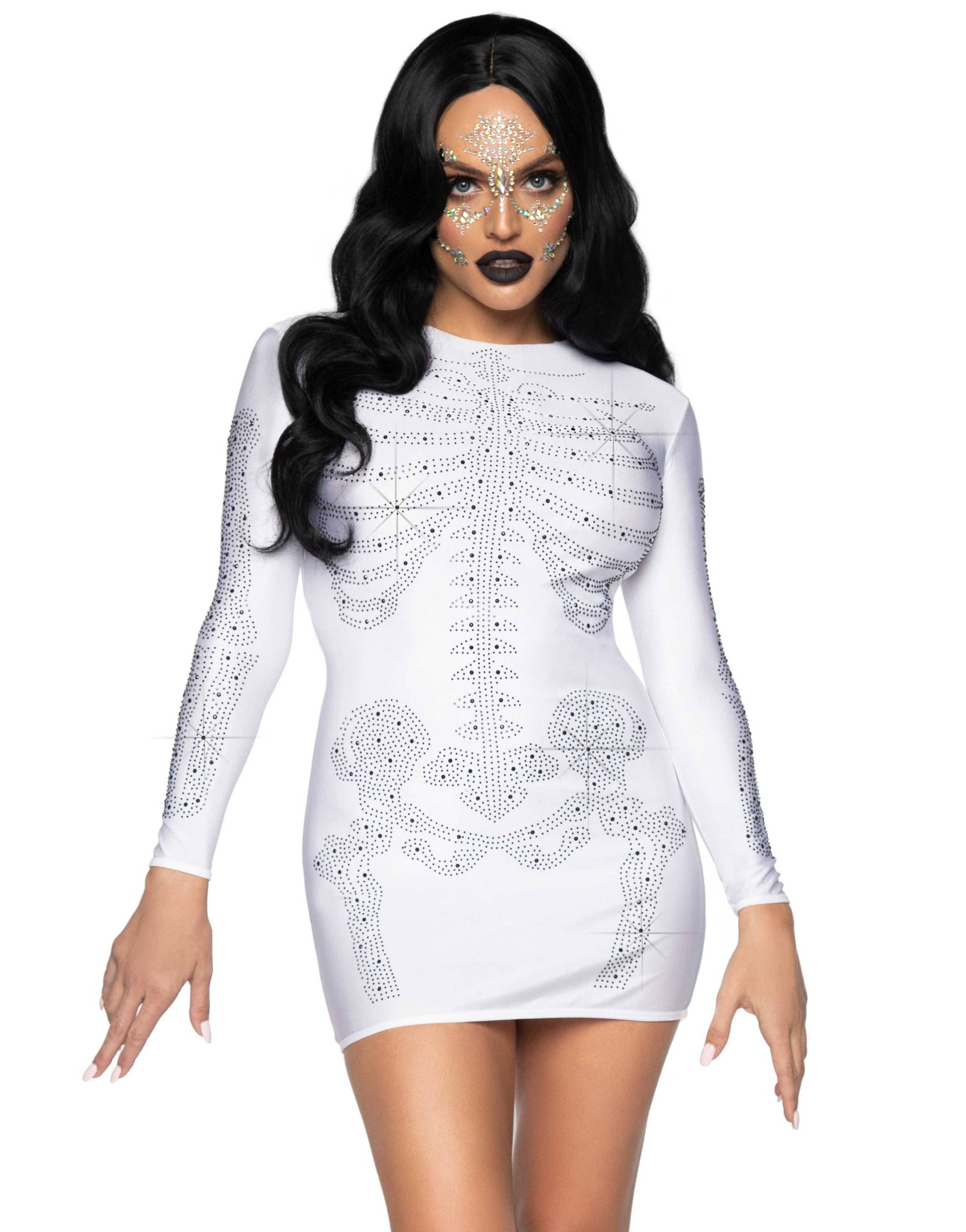 Hvit Kjole med Strass Skjelettmotiv til Dame