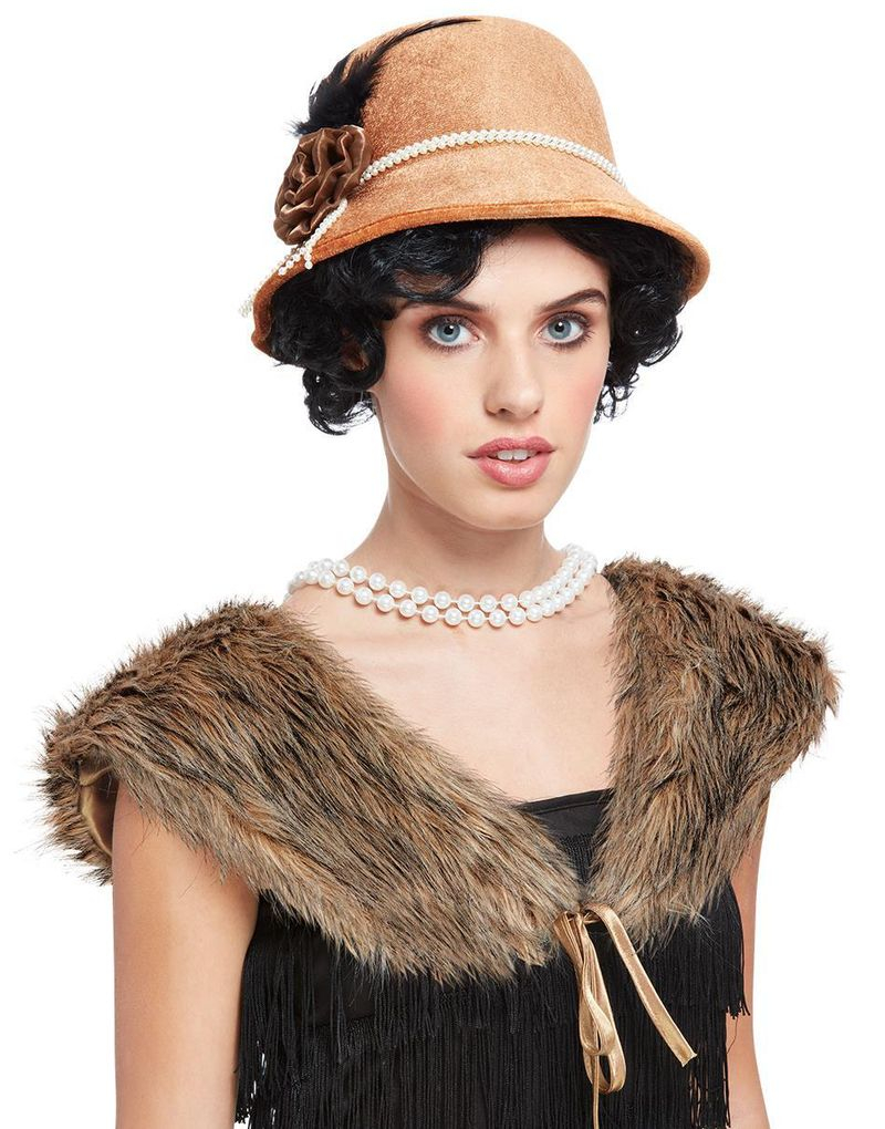 Brunt Flapper Kostymesett med Hatt og Pelskrave