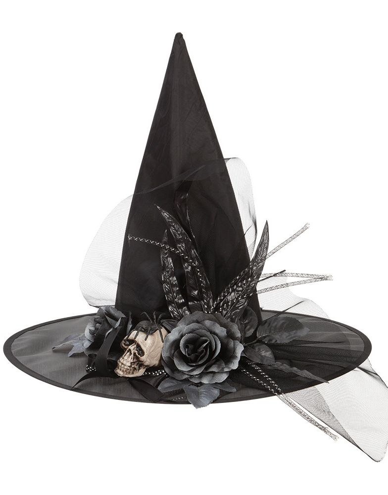 Svart Heksehatt med Blomster, Slør og Hodeskalle