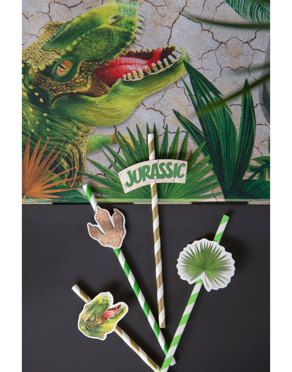 8 stk Stripete Papirsugerør med Pappmotiv - Jurassic Dino