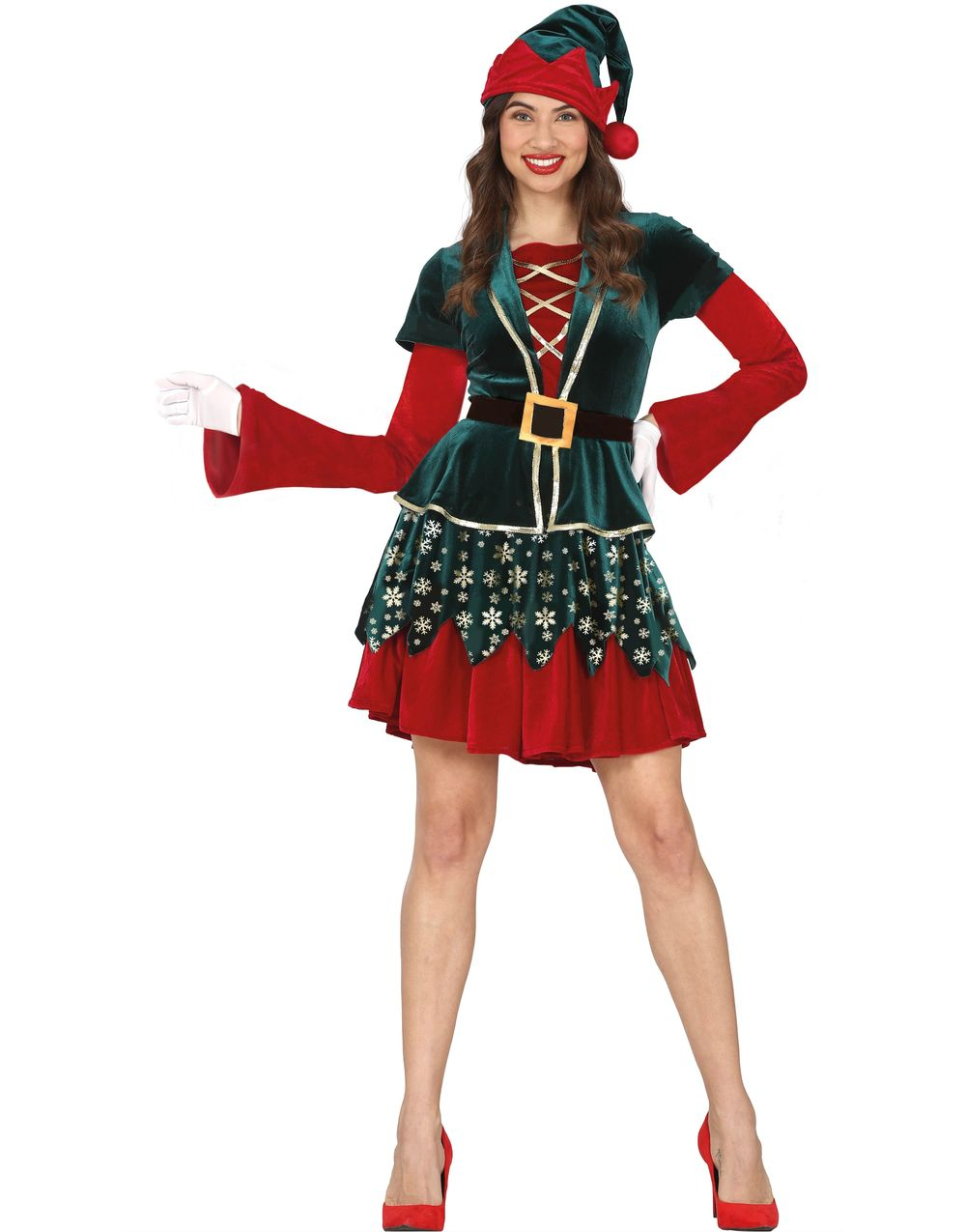 Mørk Grønt og Rødt Nisse Alv Kostyme til Dame