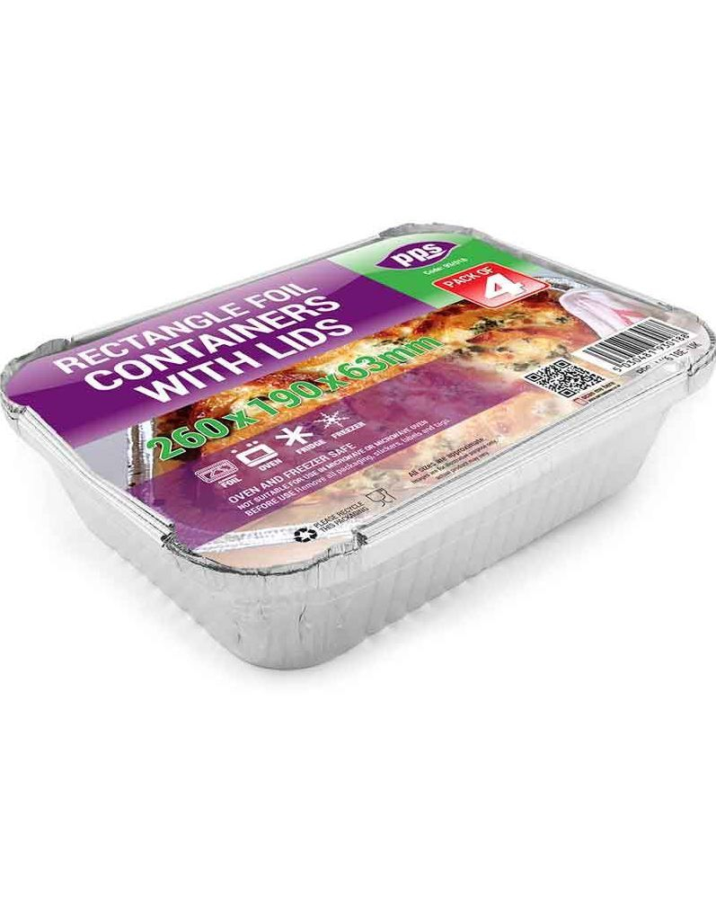 4 stk Rektangulære Aluminiumsbeholdere til Mat med Lokk 26x19x6,3 cm