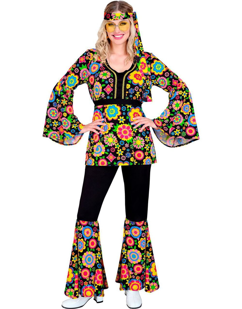 60's Mørkt Hippiekostyme med Fargerike Lyse Blomster til Dame