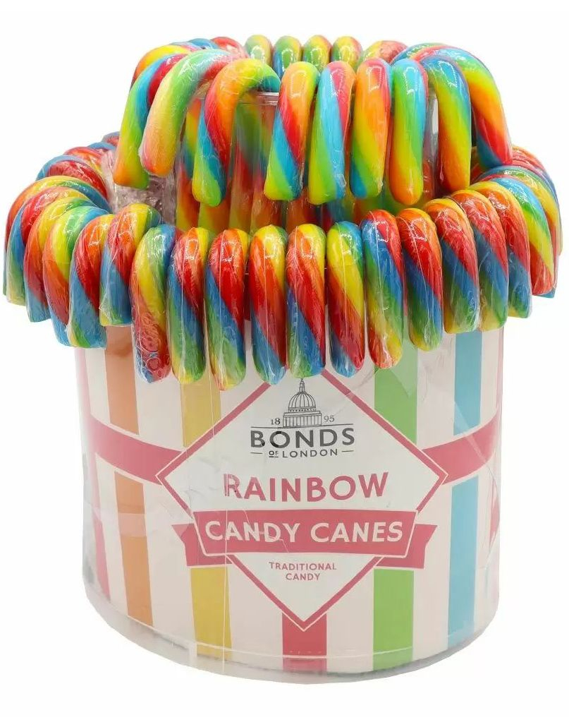 60 stk Regnbuefargede Sukkertøystenger med Fruktsmaker i Fonteneeske 1,2 kg