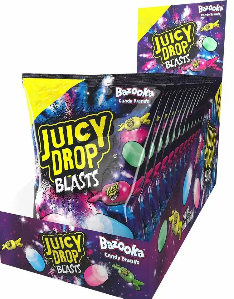 12 stk Poser med Bazooka Juicy Drop Blasts - Karameller med Surt Pulverfyll - Hel Eske 1,44 kg