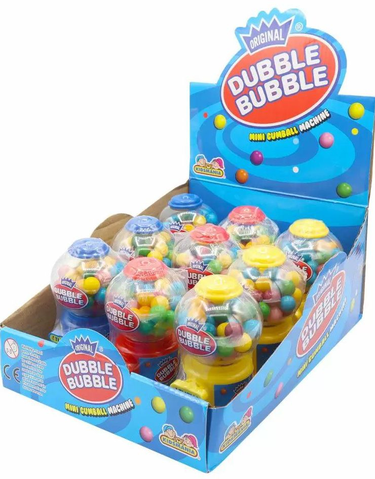 12 stk Dubble Bubble Mini Ball Machine - Liten Tyggegummi Dispenser 11 cm Assorterte Farger - Hel Eske