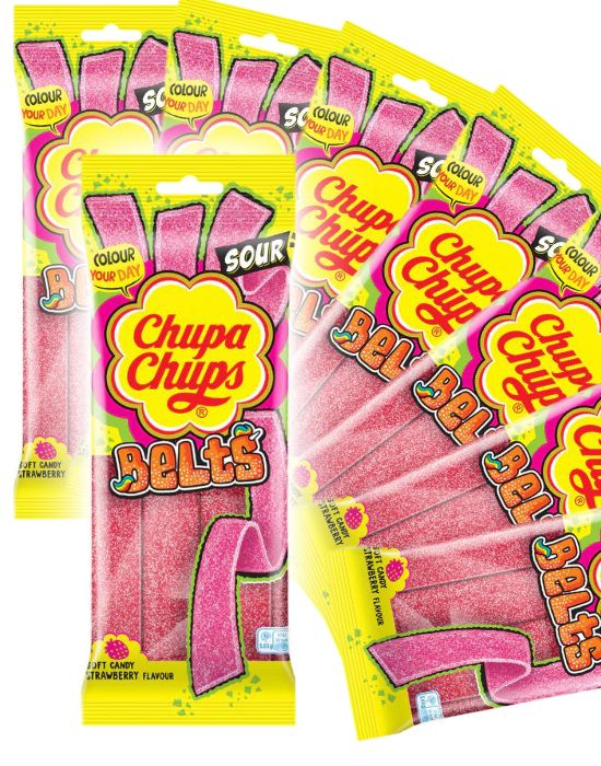 18 stk Chupa Chups Sour Belts Strawberry - Sure Jordbærbelter - Hel Eske 1,62 kg