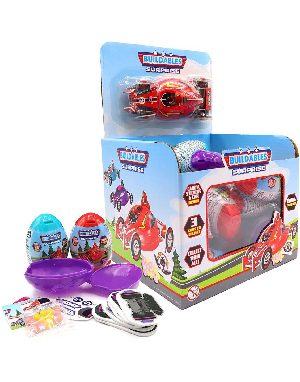 18 stk Buildables Surprise - Surprise Egg med Biler, Klistremerker og Godteri - Hel Eske