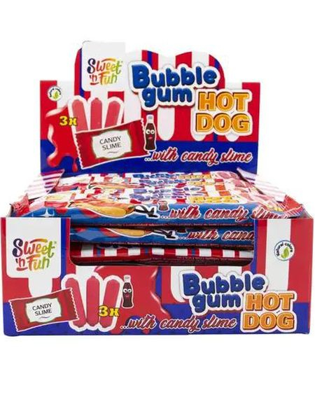 24 stk S&F Bubblegum Hot Dog - Pølseformet Tyggegummi med Godterislim - Hel Eske