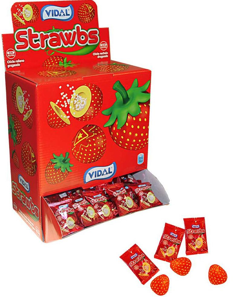 200 stk Vidal Strawbs - Jordbærtyggegummi med Flytende Fyll i Dispenser Eske 1 kg