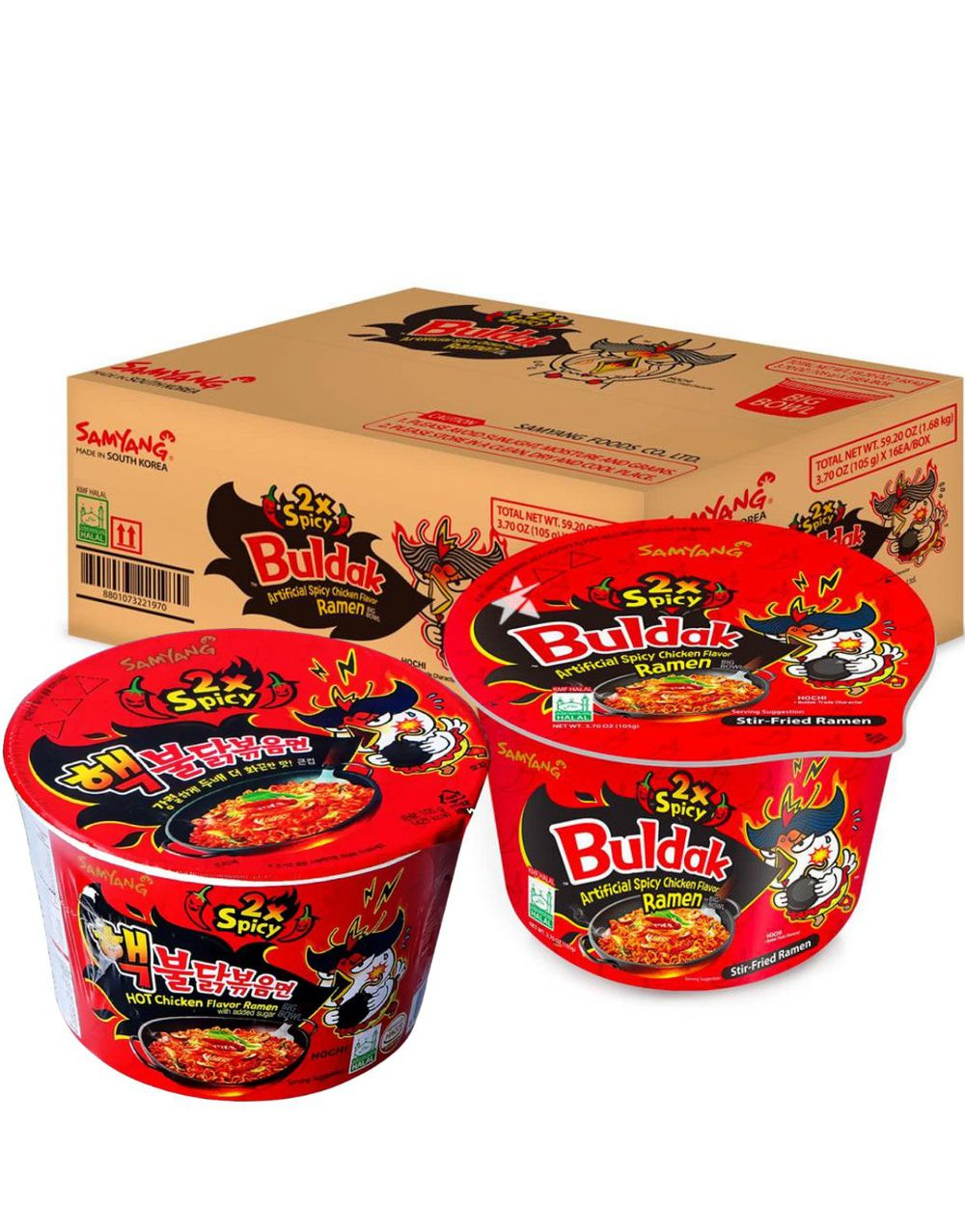 16 stk Samyang Buldak Hot Chicken Ramen 2x Spicy Bowl - Hel Eske 1,68 kg (Korea Import)