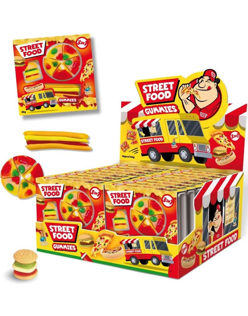 16 stk Street Food Gummies - Vingummi Pizza, Burger og Pølse - Hel Eske 672 gram