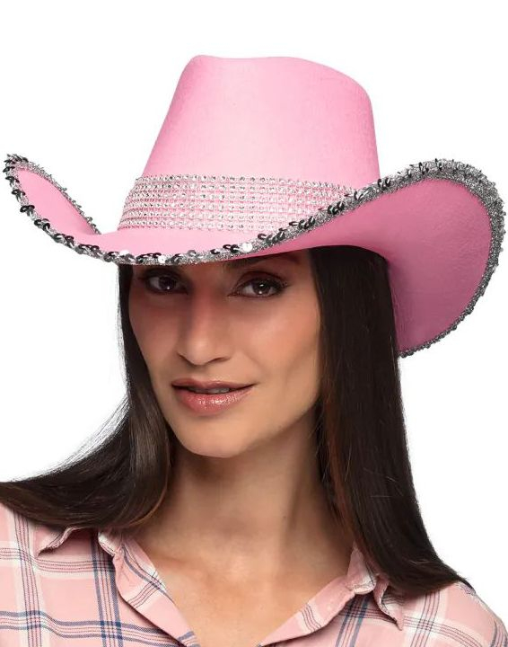 Rosa Cowboyhatt med Sølv Paljetter