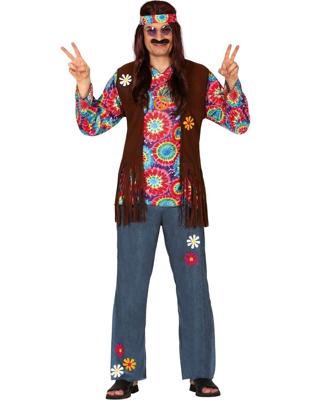 Hippie Kostyme til Mann med Skjorte, Vest, Pannebånd og Bukser - Strl Medium