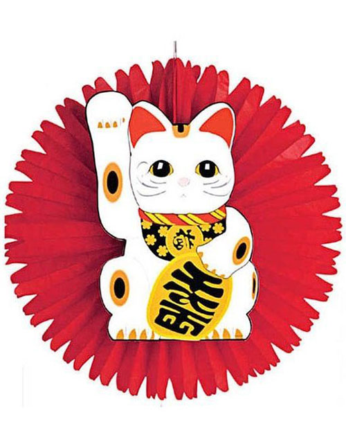 Rød Orientalsk Stor Papirvifte med Katt 55 cm