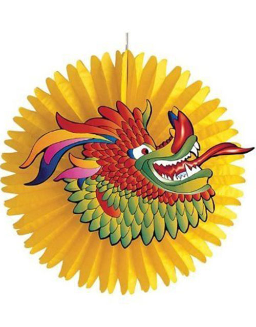 Gul Orientalsk Stor Papirvifte med Drage 55 cm