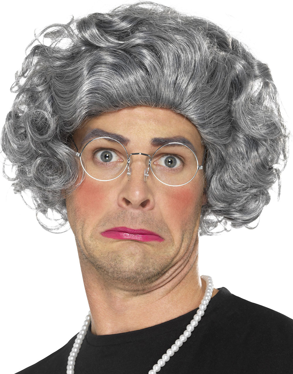 Grå Gammel Mann/Dame Parykk med Briller og Smykke