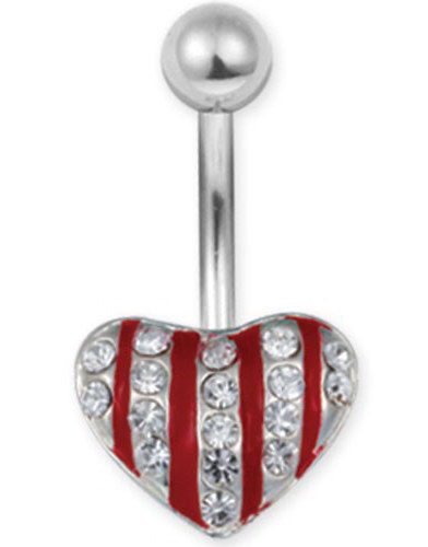 Stripete Navlepiercing med Hvite Stener og Røde Striper