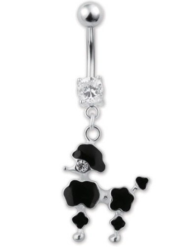 Sølvfarget Navlepercing med Hengende Puddel - Svart