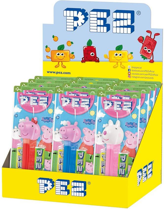 12 stk Peppa Gris Pez-Holdere med 2 stk Pez Pakker - Hel Eske