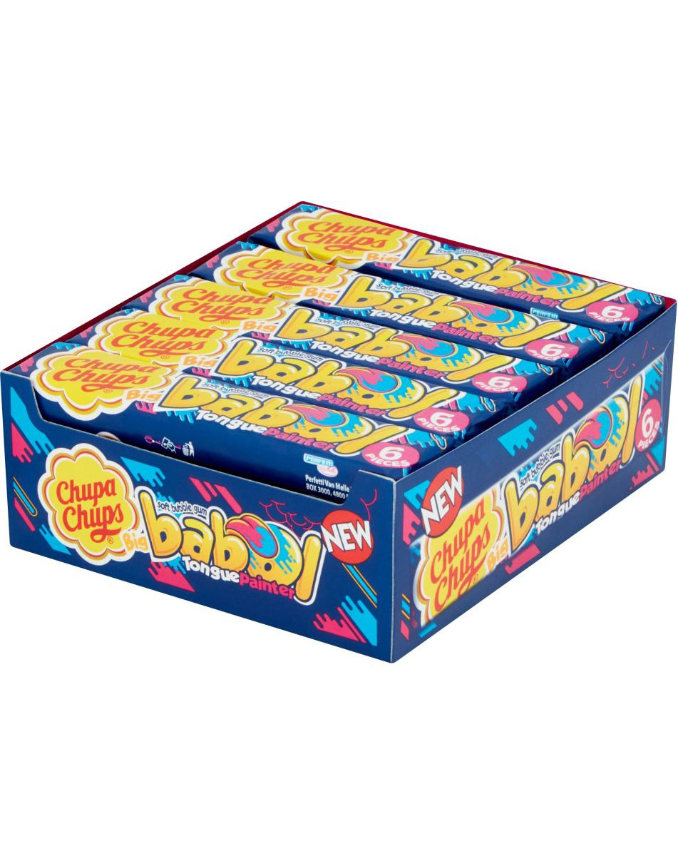 Bilde av 20 Stk 6-pk Chupa Chups Babol Tongue Painter Tyggegummi Med Blå Bringebær Smak - Hel Eske 552 Gram