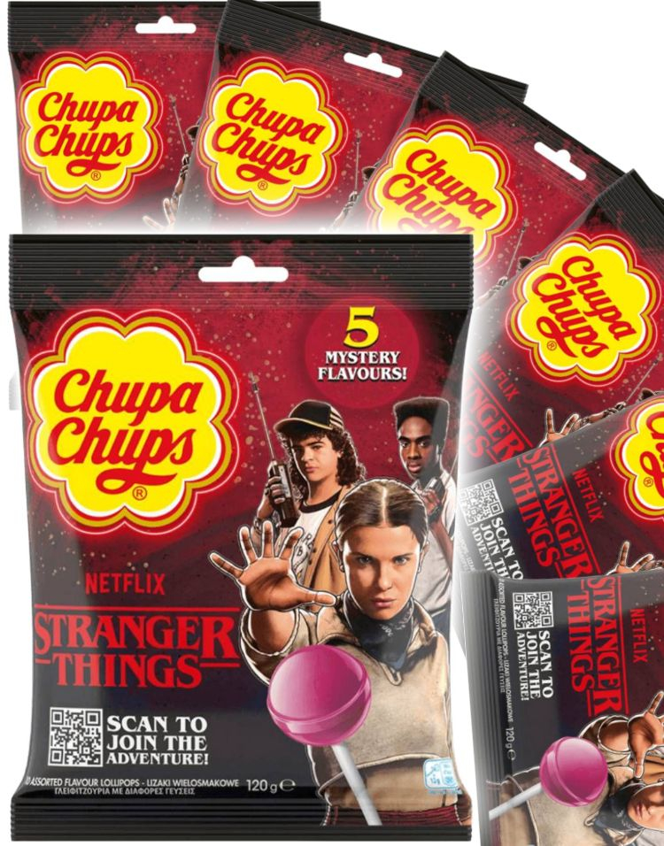12 stk Chupa Chups Stranger Things Lollipop 5 Mystery Flavours - Kjærligheter med 5 Forskjellige Smaker - Hel Eske 1,44 kg