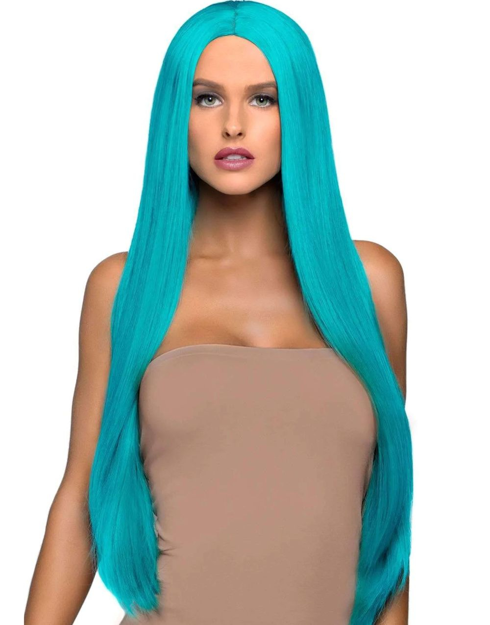 Turkis Lang DeLuxe Parykk med Slett Hår og Midtskille