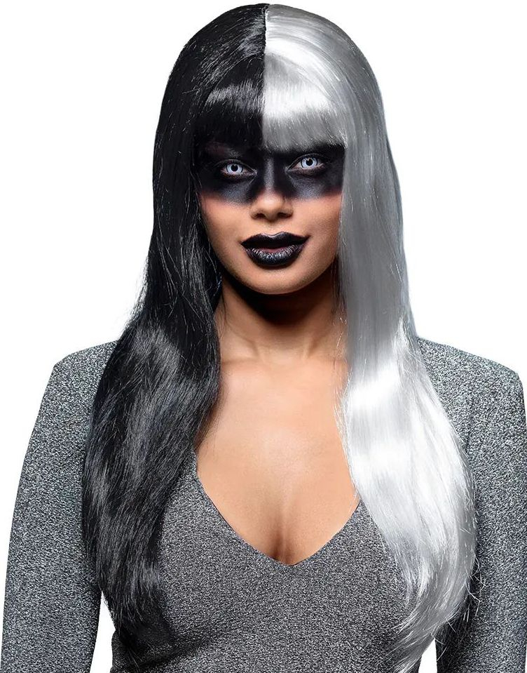 Evil Temptress - Svart og Hvit Lang Parykk med Pannelugg