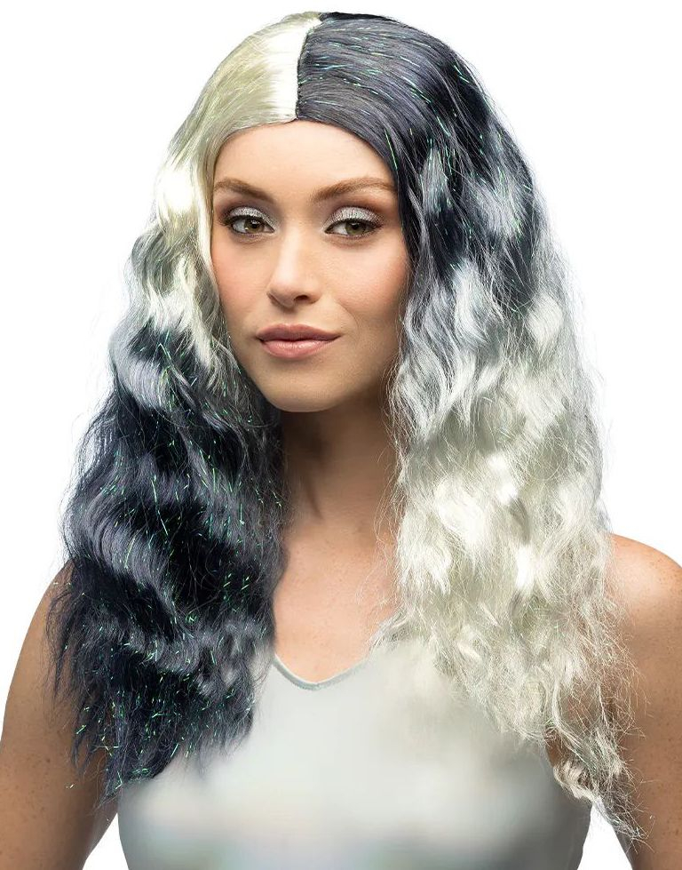 Galaxy - Svart og Hvit Split-Color Parykk med Glitterstriper