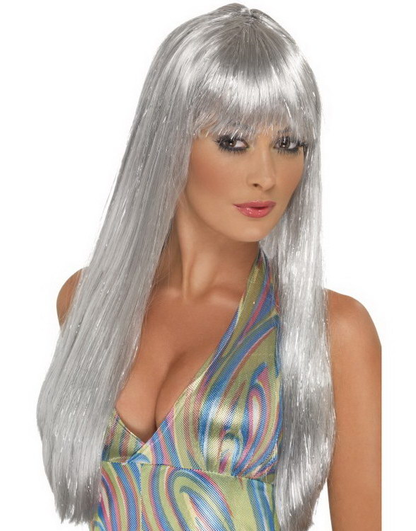 Lang Grå Parykk m/Sølvfargede Tråder