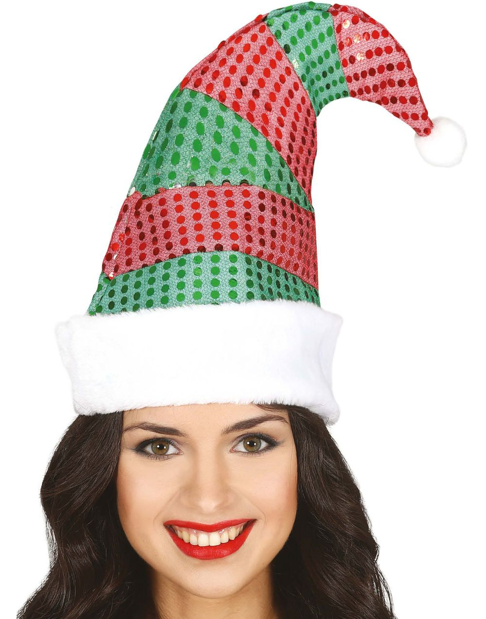 Rød og Grønn Stripete Nisselue med Paljetter