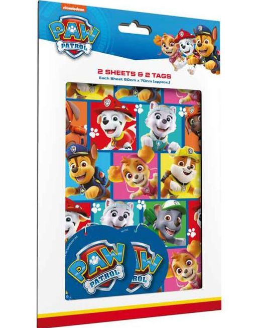 2 stk Paw Patrol Gavepapir med 2 stk Navnelapper - 50x70cm