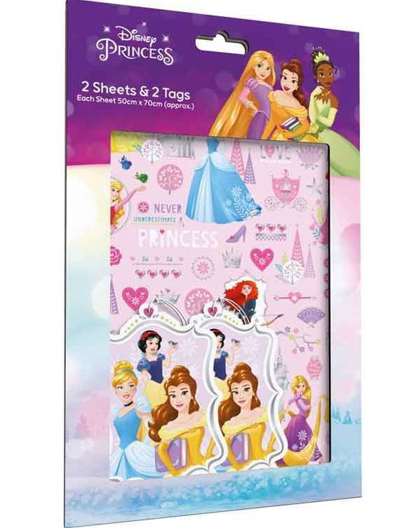 2 stk Disney Prinsesser Gavepapir med 2 stk Navnelapper - 50x70cm