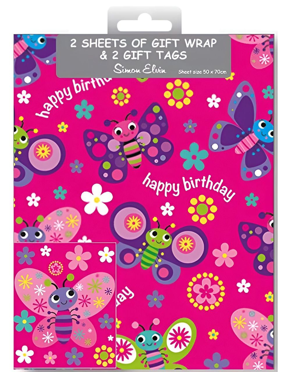 2 stk Sommerfugler Gavepapir med 2 stk Navnelapper - 50x70cm