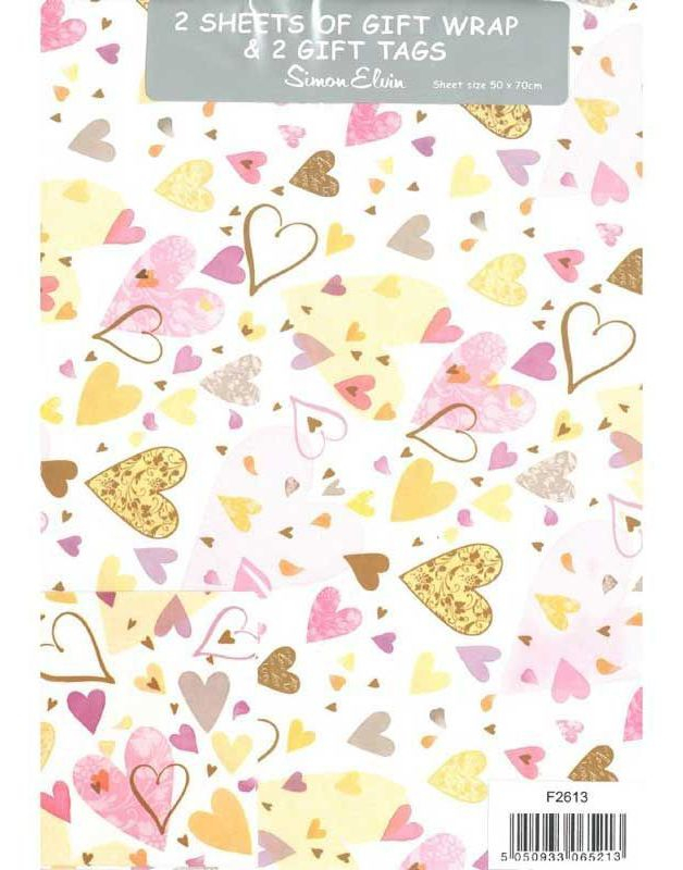 2 stk Hjerte Gavepapir med 2 stk Navnelapper - 50x70cm