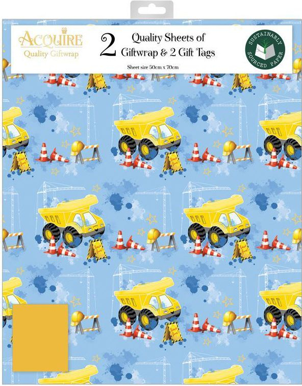 2 stk Blå Byggeplass Gavepapir med 2 stk Navnelapper - 50x70cm