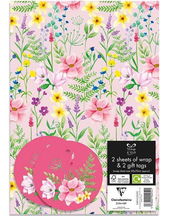 2 stk Vakre Blomster Gavepapir med 2 stk Navnelapper - 50x70cm