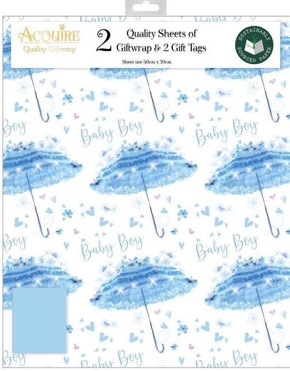 2 stk Baby Boy Gavepapir med 2 stk Navnelapper - 50x70cm