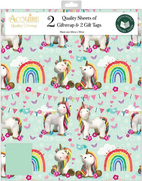 2 stk Enhjørning Regnbue Gavepapir med 2 stk Navnelapper - 50x70cm