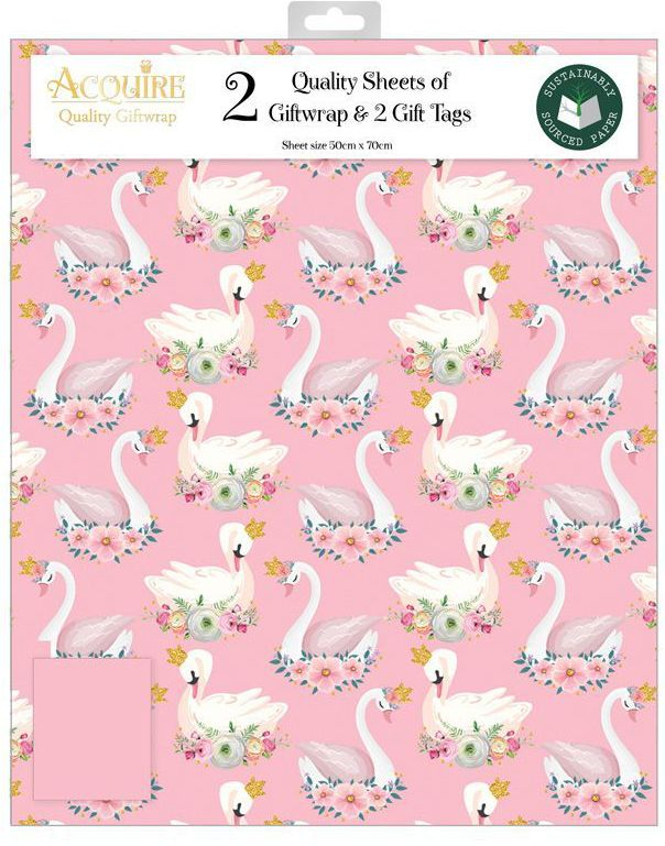 2 stk Svane Rosa Gavepapir med 2 stk Navnelapper - 50x70cm