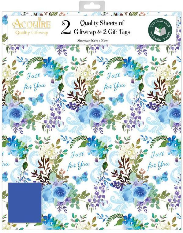 2 stk Just for You Blomstrete Gavepapir med 2 stk Navnelapper - 50x70cm