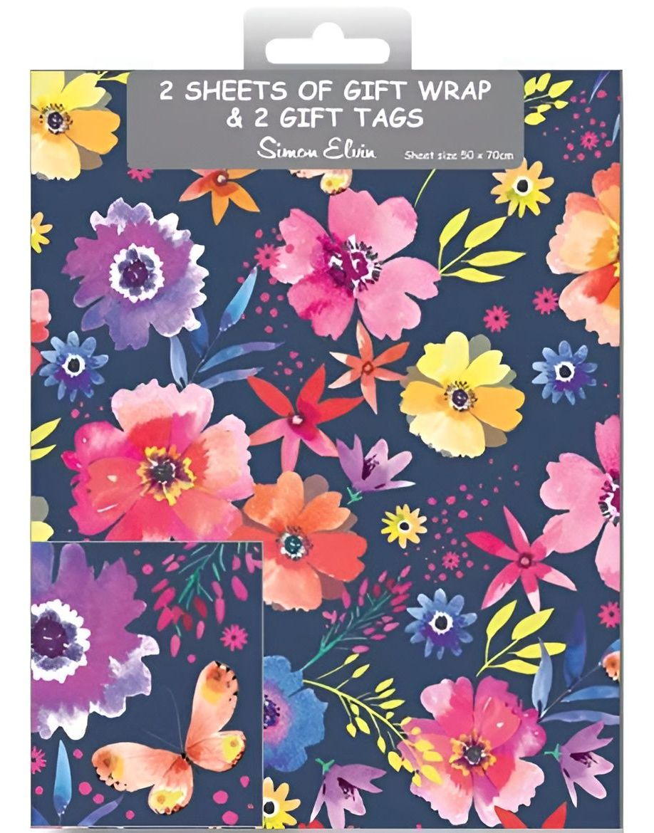 2 stk Svarte Blomstrete Gavepapir med 2 stk Navnelapper - 50x70cm