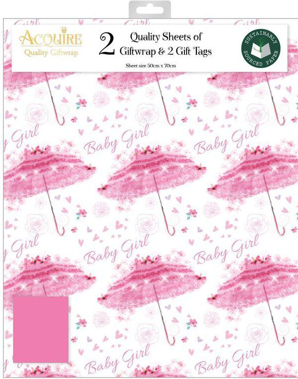 2 stk Baby Girl Rosa Paraply Gavepapir med 2 stk Navnelapper - 50x70cm