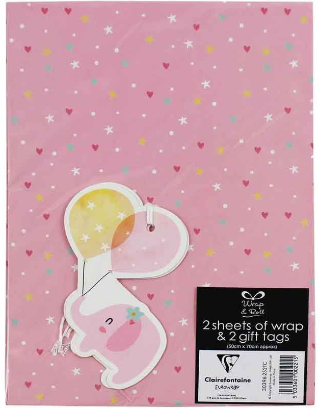 2 stk Baby Girl Rosa Elefant Gavepapir med 2 stk Navnelapper - 50x70cm