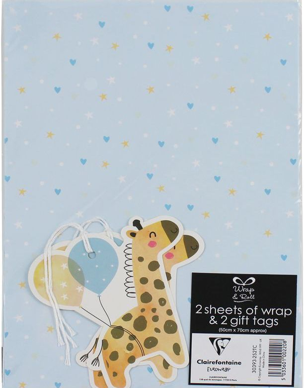 2 stk Baby Boy Sjiraff Gavepapir med 2 stk Navnelapper - 50x70cm