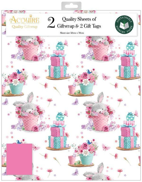 2 stk Rosa Søt Kanin Gavepapir med 2 stk Navnelapper - 50x70cm