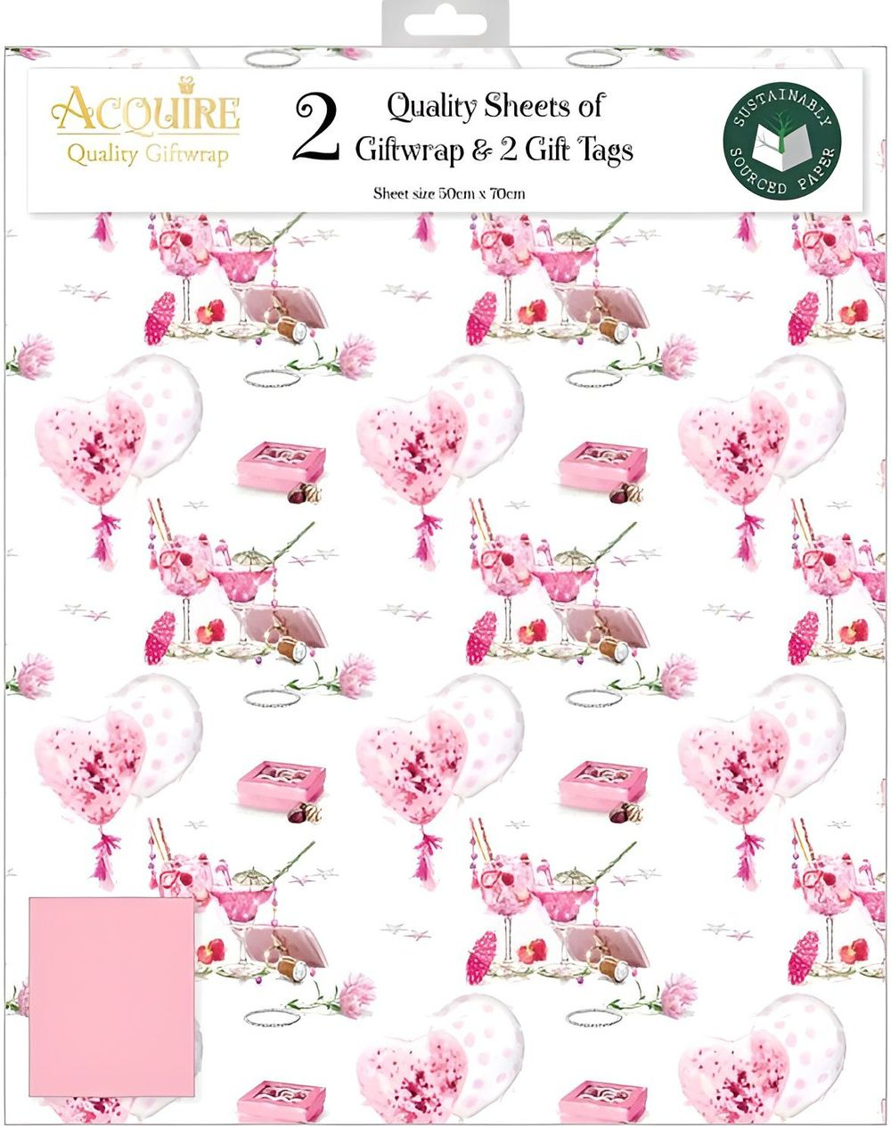 2 stk Rosa Coktail Gavepapir med 2 stk Navnelapper - 50x70cm