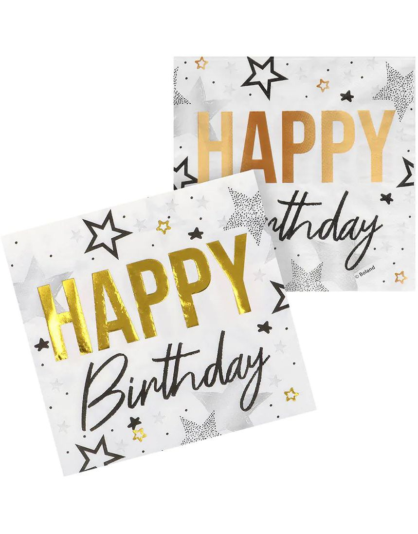 20 stk Bursdagsservietter med Gullfolie og Stjerner 33x33 cm