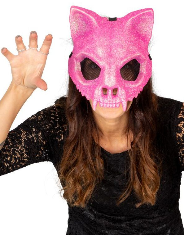 Rosa Glitrende Katteskjelett Maske