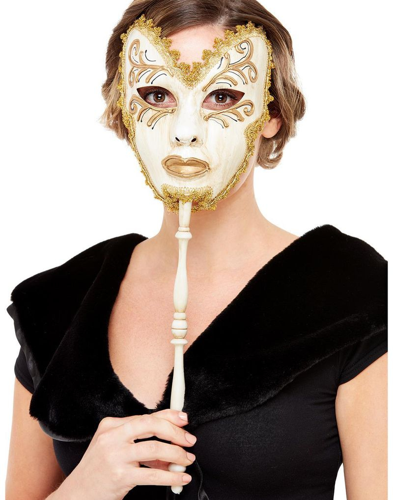 Venetiansk Beige Ansiktmaske med Utskåret Pinne